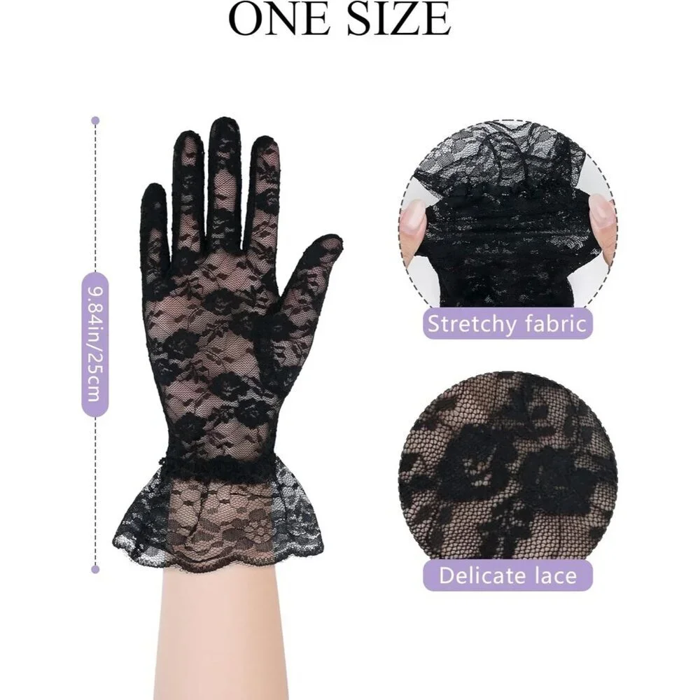 Women's Black Short Nylon Mesh Imported Nylon Sheer Lace Ruffles Gloves
